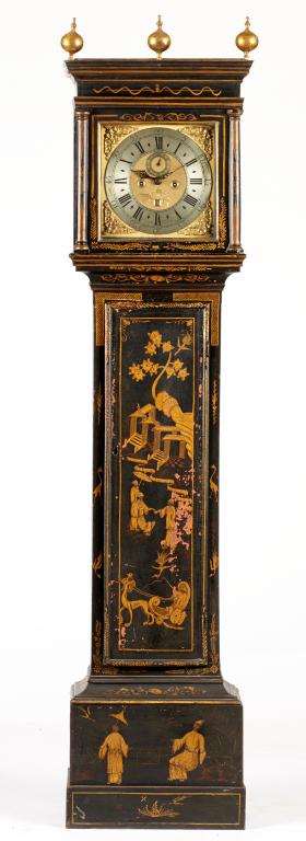 AN ENGLISH JAPANNED EIGHT DAY LONGCASE CLOCK, JACOB ODELL ST ALBANS, MID 18TH C, the brass dial with