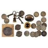 MISCELLANEOUS SILVER JEWELLERY AND OTHER ARTICLES, TO INCLUDE THIRTEEN GEORGE V THREE PENCES, 66G++