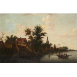DUTCH SCHOOL, A RIVER LANDSCAPE WITH ANGLERS IN A BOAT, oil on canvas, 47 x 72cm++Lined in the