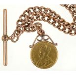 GOLD COIN. CANADA, FIVE DOLLARS, 1912, MOUNTED IN GOLD PENDANT, UNMARKED, ON A 9CT GOLD ALBERT,