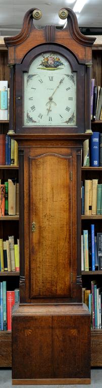 A GEORGE III THIRTY HOUR OAK AND INLAID LONGCASE CLOCK, THE BREAK ARCHED AND PAINTED DIAL