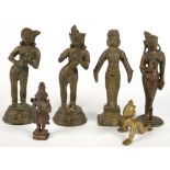 SIX SOUTH INDIAN MINIATURE BRASS MOTIVE STATUETTES, C14CM H AND SMALLER, 19TH/EARLY 20TH C