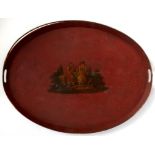 AN EARLY 19TH CENTURY OVAL TOLE TRAY WITH RED PAINTED GROUND, 76CM L, OLD REDECORATION