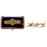 A SAPPHIRE, SPLIT PEARL AND 9CT GOLD MOURNING BROOCH, 46 MM L AND A DIAMOND, RUBY AND GOLD SWALLOW