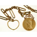 GOLD COIN. SOVEREIGN 1887, MOUNTED IN GOLD PENDANT, UNMARKED, ON AN 18CT GOLD CHAIN, .34 CM L,