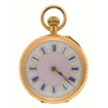 A SWISS 18CT GOLD CYLINDER FOB WATCH, 32 MM DIAM, 29G++NOT RUNNING