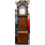 A VICTORIAN EIGHT DAY MAHOGANY AND CROSS BANDED LONGCASE CLOCK, THE BREAK ARCHED DIAL PAINTED WITH