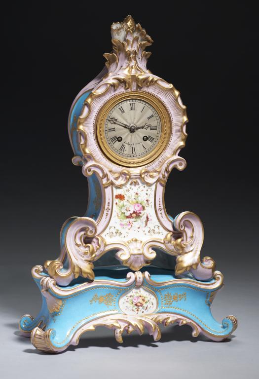 A FRENCH PORCELAIN MANTLE CLOCK AND PLINTH, C1850 the silvered dial inscribed LE ROY A PARIS in