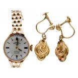 A ROTARY 9CT GOLD LADY'S WRISTWATCH, WITH 9CT GOLD BRACELET, 17 MM DIAM, 14.4G AND A PAIR OF GOLD