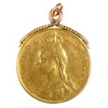 GOLD COIN. TWO POUNDS 1887, MOUNTED IN A GOLD PENDANT, UNMARKED, 17G++EDGES WORN