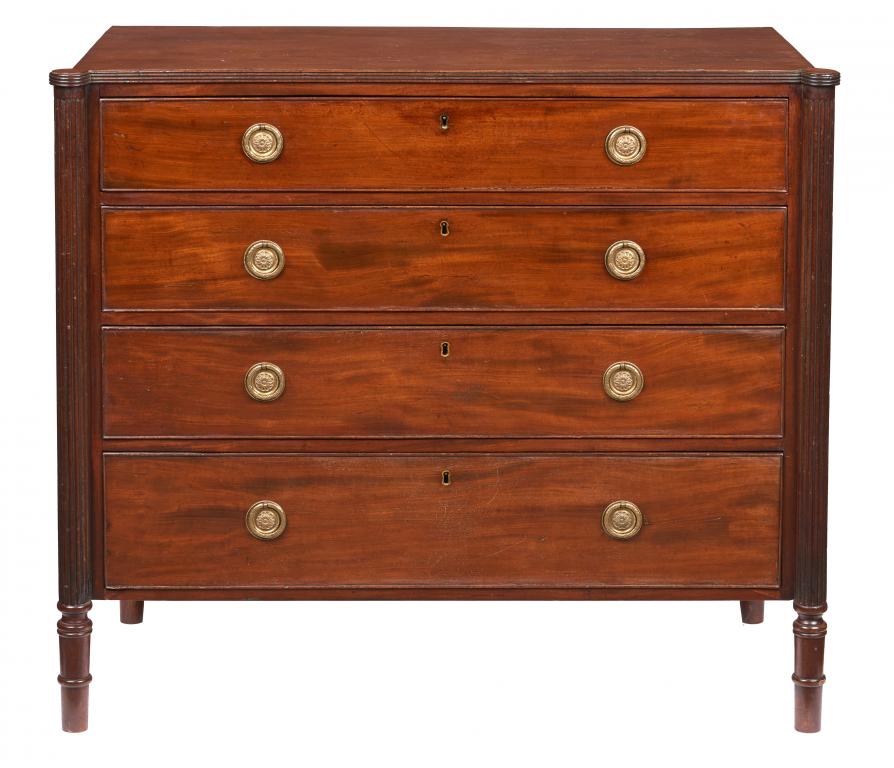 A GEORGE IV MAHOGANY CHEST OF DRAWERS, C1830 with reeded outset pilasters, 79cm h; 58 x 110cn++Minor