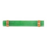 A JADEITE BATON BROOCH, C1930 in gold, 44mm, marked K 18 (twice), 7.3g++Not chipped and of good