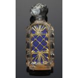 A SILVER MOUNTED BLUE AND WHITE FLASHED CUT AND GILT GLASS SCENT BOTTLE, C1870 with glass stopper,