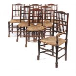 SEVEN ASH SPINDLE BACK CHAIRS, NORTH WEST REGION, EARLY 19TH C rush seated, elbow chair 113cm h++