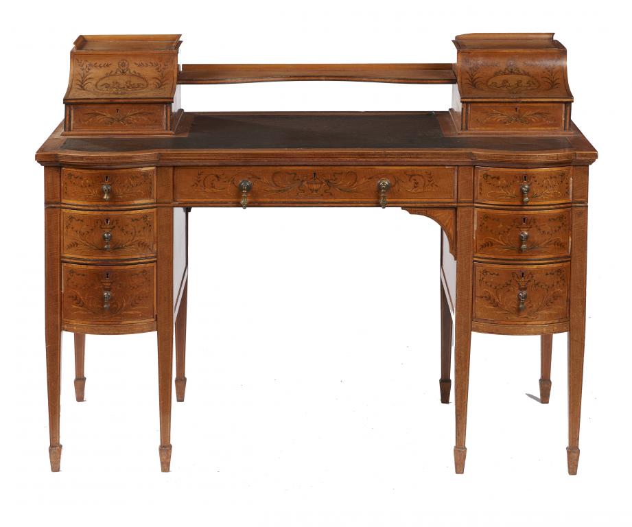 AN EDWARD VII MAHOGANY, INLAID AND PENWORK DECORATED CARLTON HOUSE WRITING TABLE, BY EDWARDS &