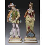 A PAIR OF SCHEIBE ALSBACH FIGURES OF A NOBLEMAN AND LADY, 20TH C 55cm h, S and crossed lines ++