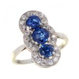 A SAPPHIRE AND DIAMOND TRIPLE CLUSTER RING in platinum, 3.3g, size I++Under 10x magnification wear