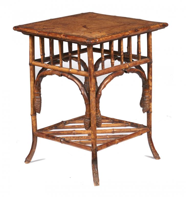 A BAMBOO OCCASIONAL TABLE, LATE 19TH C with tooled leather inlet top, 73cm h; 55 x 56cm++Top scuffed