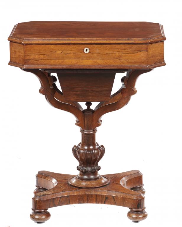 A ROSEWOOD WORKTABLE, C1850 the interior divided into compartments, 75cm h; 42 x 61cm++One turned
