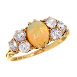 A VICTORIAN OPAL AND DIAMOND RING in 18ct gold, marks rubbed, 3g, size N++Opal with good polish