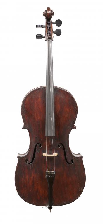 AN ENGLISH 'CELLO, EARLY 19TH C length of back 73.5cm and two bows (3)++Cello with old repairs as