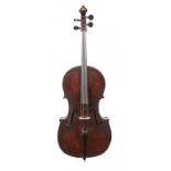 AN ENGLISH 'CELLO, EARLY 19TH C length of back 73.5cm and two bows (3)++Cello with old repairs as