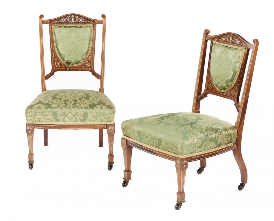 ROYAL A PAIR OF VICTORIAN IVORY INLAID AND PENWORK DECORATED ROSEWOOD BEDROOM CHAIRS BY BREW &