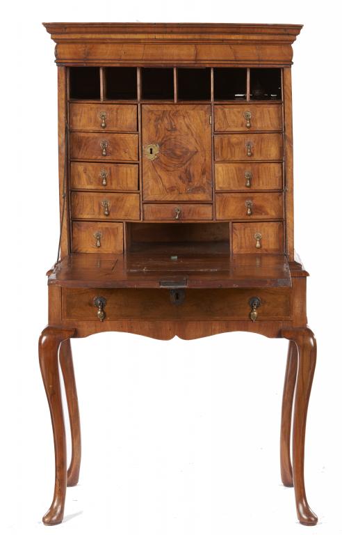 A WILLIAM III WALNUT AND FEATHERBANDED SCRIPTOR, C1690 on later stand with a drawer with stepped - Image 2 of 2