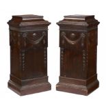 A PAIR OF VICTORIAN NEO CLASSICAL STYLE MAHOGANY DINING ROOM PEDESTALS, 19TH C with husk carved