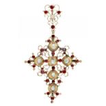 AN ITALIAN PEARL, FOILED GARNET AND GOLD OPENWORK PECTORAL CROSS, C1800 116cm, 25g, later fitted