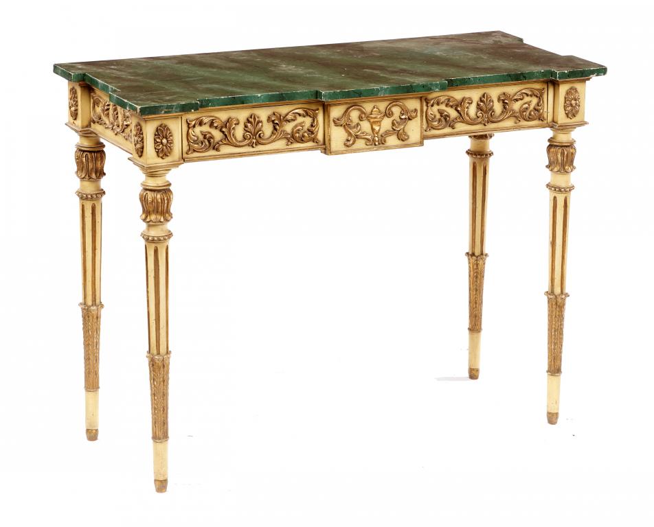 A CONTINENTAL NEO CLASSICAL STYLE CREAM AND GILT PAINTED WOOD AND COMPOSITION SIDE TABLE, MID 20TH C