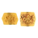 TWO CHINESE GOLD REPOUSSÉ FINGER RINGS, QING DYNASTY with an immortal and attendants, 17 and 20mm w,