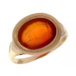 A CARNELIAN INTAGLIO RING, 19TH C engraved with a boar, in gold, 4.1g, size J++Hoop probably