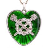 A DIAMOND AND PLATINUM AND GREEN GUILLOCHE ENAMEL HEART SHAPED PENDANT, POSSIBLY CARTIER, EARLY 20TH