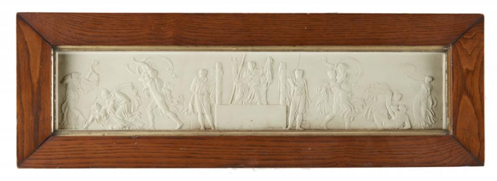 A PLASTER CAST OF THE RAPE OF THE SABINE WOMEN, 19TH C in contemporary oak frame, 24 x 72.5cm