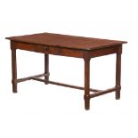 A FRUITWOOD TABLE the boarded top with drawer to one side, on chamferred legs united by