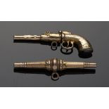 TWO GOLD WATCH KEYS, 19TH C one double ended the other in the form of a bar hammer percussion pistol