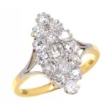 A DIAMOND MARQUISE CLUSTER RING, C1900 in gold, 4.6g, size P½++Good condition