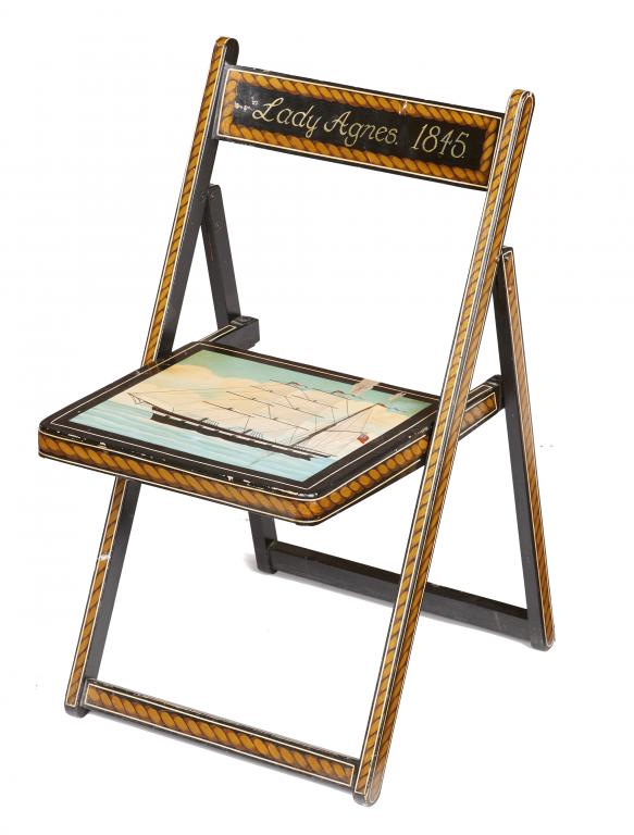 A DECORATIVE PAINTED WOOD 'MARITIME' FOLDING CHAIR, 20TH C the backrail inscribed Lady Agnes 1845,