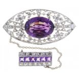 AN AMETHYST AND DIAMOND BROOCH AND AN ATTACHED SMALLER RECTANGULAR BROOCH in platinum, 47 and