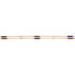 A GOLD GUARD CHAIN with cultured pearls and blue and red guilloche enamel batons at intervals,