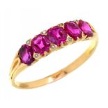 A RUBY FIVE STONE RING late 19th/early 20th c with cushion shaped rubies, in gold, 3.4g, size U++