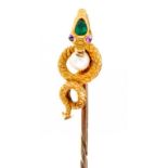 A GOLD STICKPIN with emerald, ruby and pearl serpent terminal, c1900, terminal 23mm, 4.3g++Good