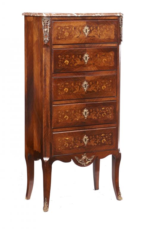 A FRENCH KINGWOOD AND MARQUETRY SECRETAIRE A ABATTANT IN LOUIS XV STYLE, C1900 with Languedoc marble