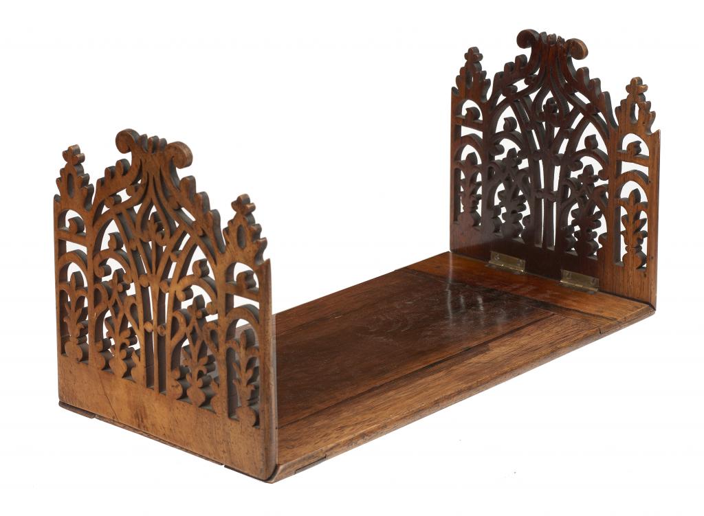 A VICTORIAN ROSEWOOD BOOK SLIDE with gothic fretwork ends, 40cm l unextended++Good condition, the