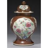 A CHINESE CAFE AU LAIT GROUND FAMILLE ROSE JAR AND COVER, 19TH/20TH C 41cm h, underglaze blue