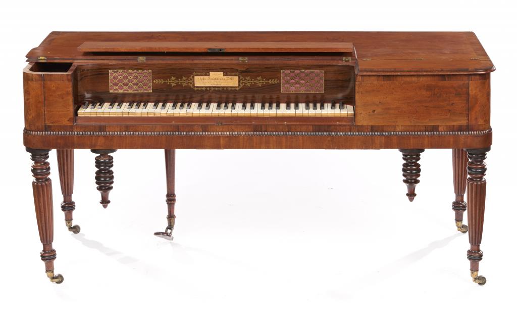 AN ENGLISH MAHOGANY AND ROSEWOOD SQUARE PIANO, JOHN BROADWOOD & SONS with brass fret, inset and