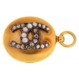 A VICTORIAN GEM SET GOLD LOCKET, C1880 applied with horseshoes of rose diamonds and split pearls,