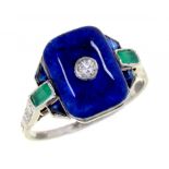 AN ART DECO EMERALD, DIAMOND, SAPPHIRE AND ENAMEL RING, C1930 in platinum, fluted hoop, 5.1g, size