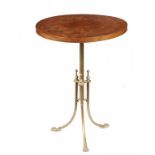 AN OAK PARQUETRY OCCASIONAL TABLE, C1900 on associated brass tripod, 73cm h, 55cm diam, iron Y